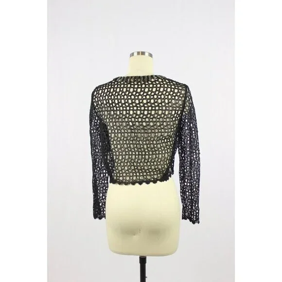 ELIE TAHARI Black Cotton Broderie Anglaise Beaded Lace Cardigan Sweater, Size 2 - Picture 4 of 15